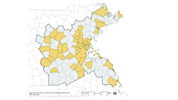 A map of the MAPC region in Massachusetts, with select communities marked in yellow that have received ACR grants.