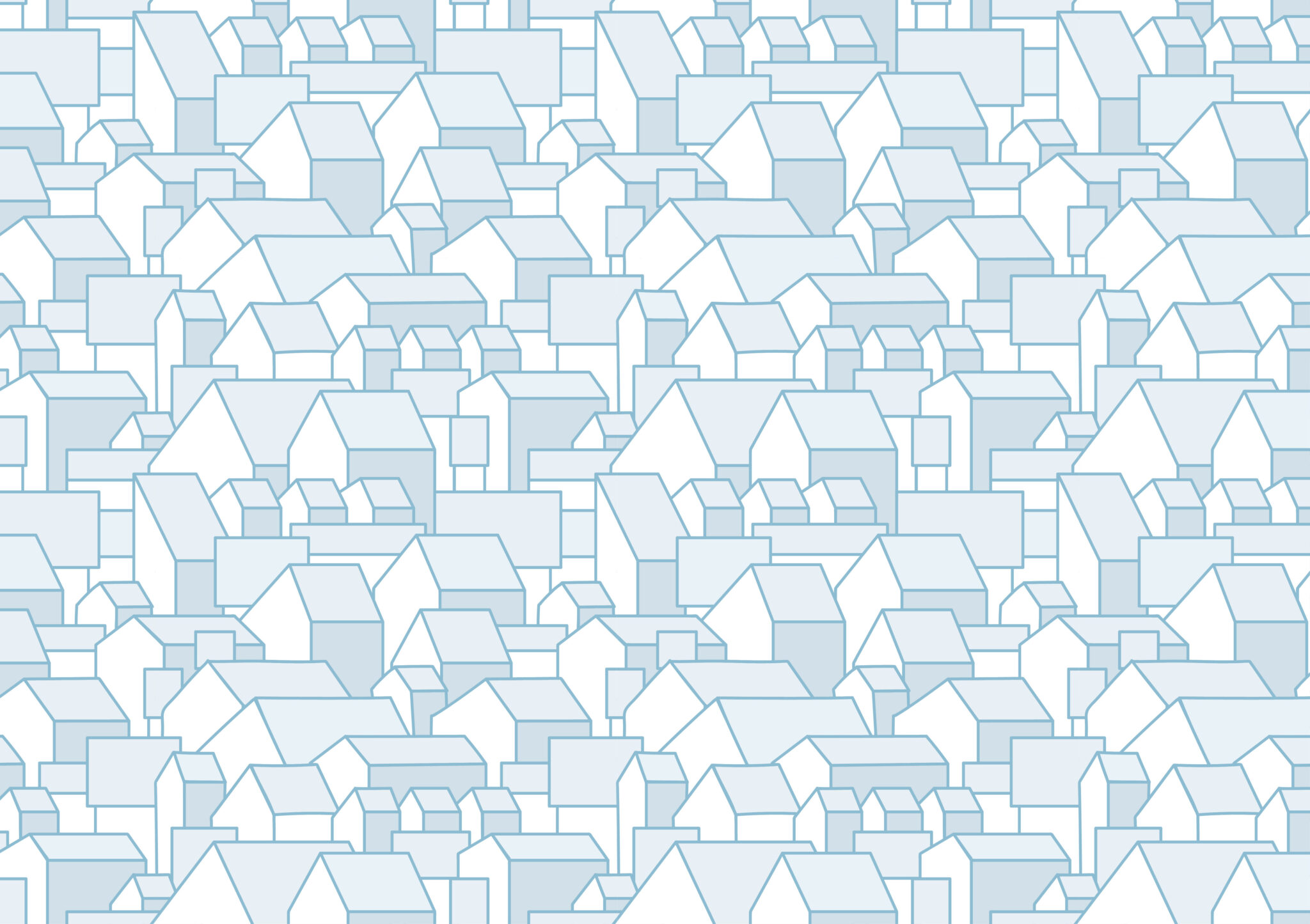 A collage of different sized housing outlined in blue over a white background.