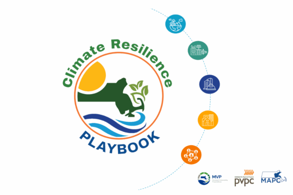 Green map of Massachusetts with a yellow sun overhead, leaves coming out of the map, and blue water under the map. Text says Climate Resilience Playbook.