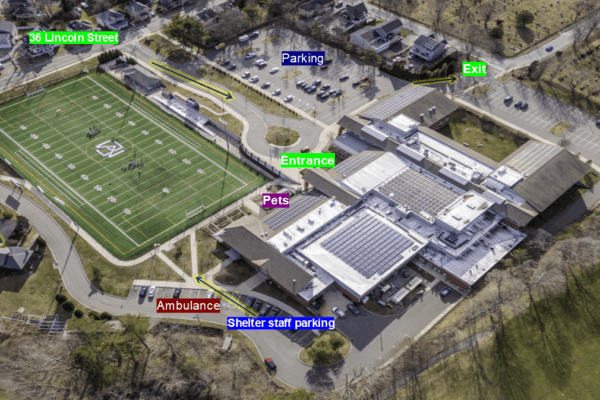 An aerial photo of the Manchester Essex Regional Middle High School, with labels pertaining to the Manchester Disaster Shelter Plan.