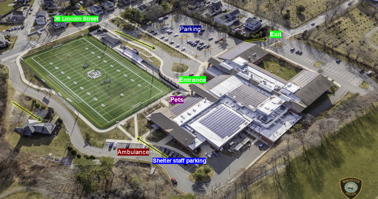 An aerial photo of the Manchester Essex Regional Middle High School, with labels pertaining to the Manchester Disaster Shelter Plan.