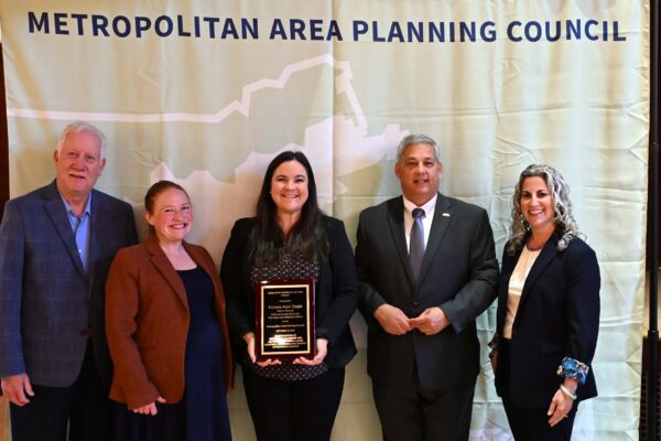 Pictured from left to right in front of a light green MAPC banner: MAPC's Martin Pillsbury & Leah Robins, Victoria Mori Daigle, Senator Bruce Tarr, and Lizzi Weyant 