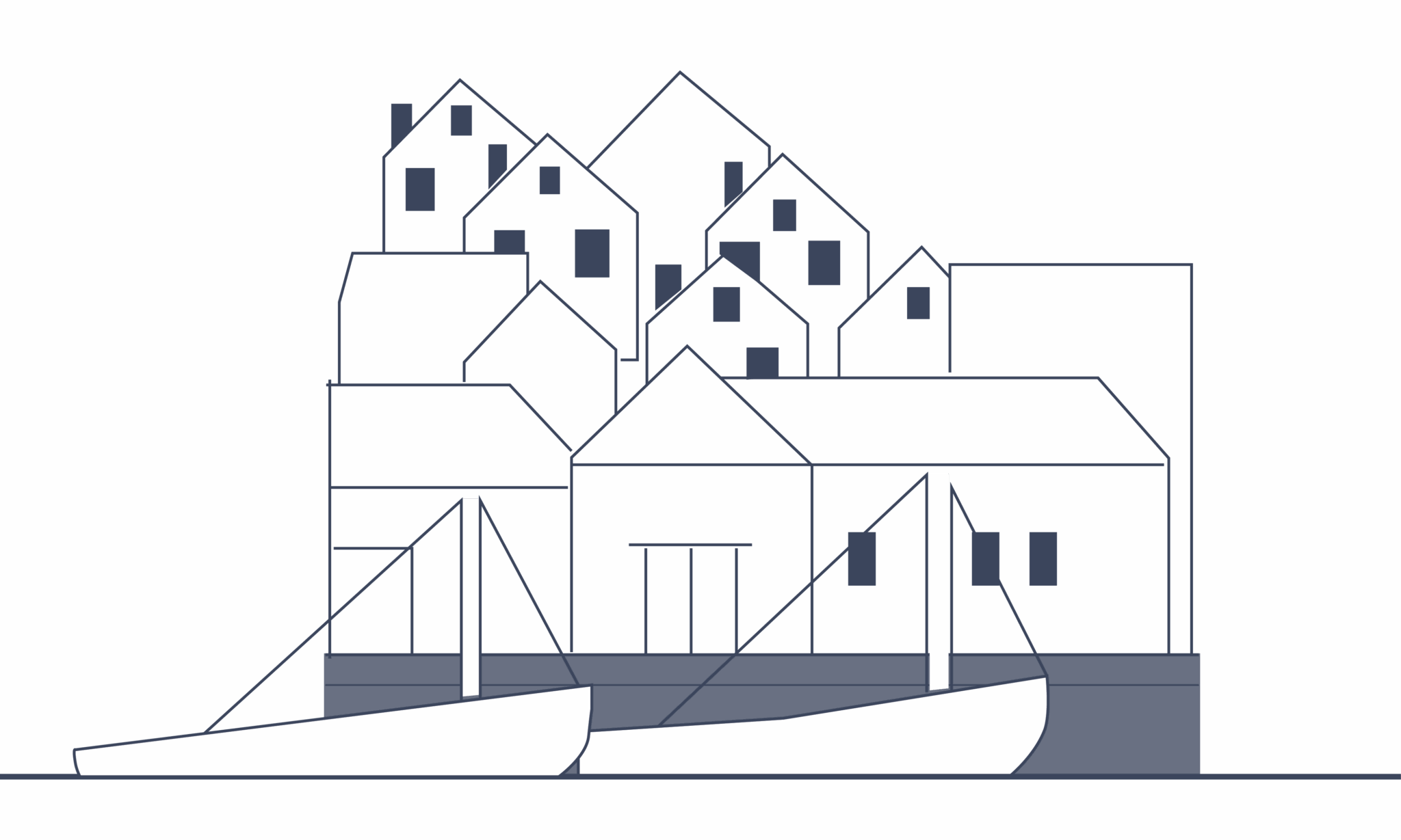 Outlines of numerous houses together over a transparent background. There are two white small boats in front.