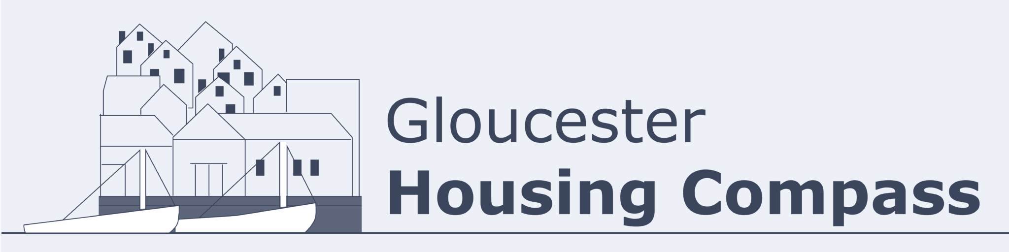 Outlines of numerous houses together over a transparent background. There are two white small boats in front. To the right text says Gloucester Housing Compass.
