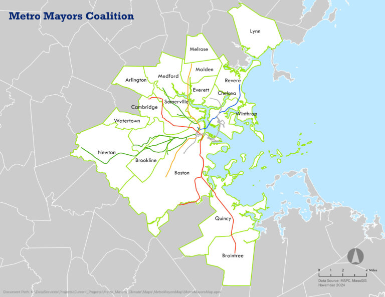A map of the Metro Mayors Coalition cities and towns. They are: Arlington, Medford, Melrose, Malden, Revere, Lynn, Everett, Somerville, Chelsea, Winthrop, Cambridge, Watertown, Newton, Brookline, Boston, Quincy, and Braintree.