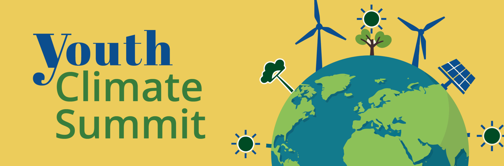 An illustration of the globe with climate energy icons around the globe. Text on the left says Youth Climate Summit.