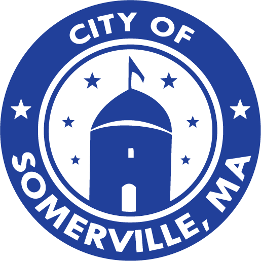 City of Somerville seal. Illustration of the Old Powder House inside a circle. Around the outside of the circle text says City of Somerville, MA.