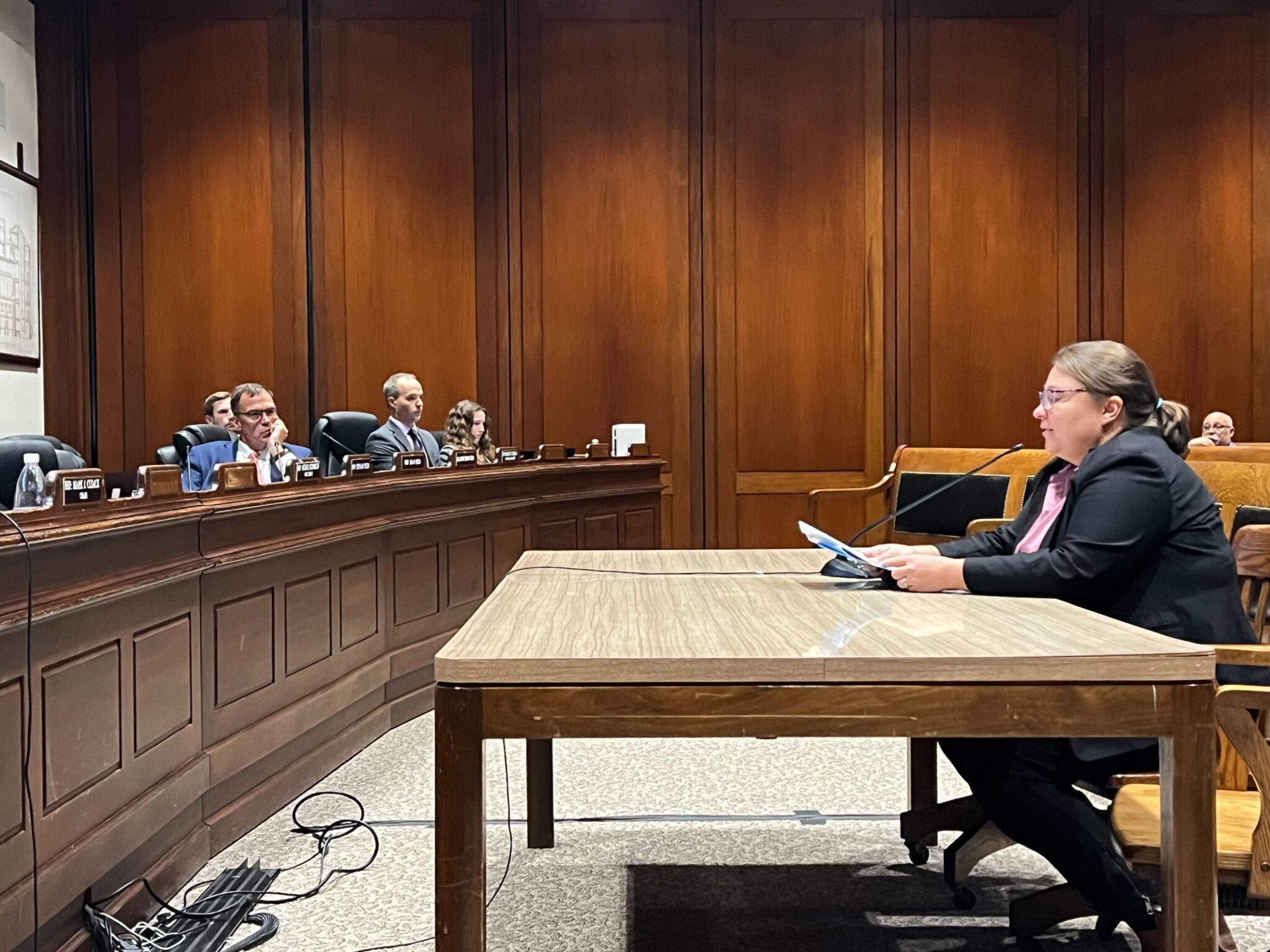 MAPC's Sasha Shyduroff-Gutman is pictured seated at a large wooden table, holding papers and speaking into a long, black microphone.