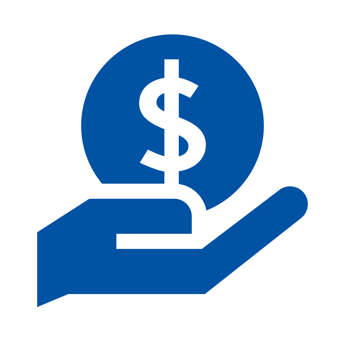 Icon of an open palmed hand with the money symbol inside a circle above the hand.