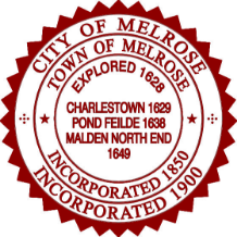 City of Melrose seal. Text inside the seal circle says City of Melrose. Town of Melrose. Incorporated 1850. Incorporated 1900. Explored 1628. Charlestown 1629. Ponde Felde 1636. Malden North End 1649.