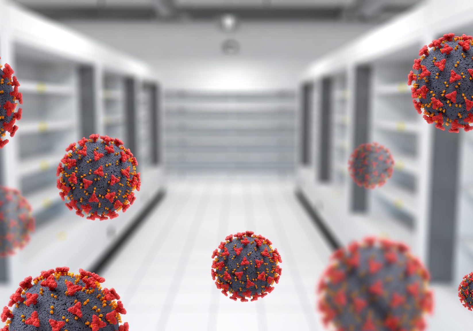 3D render of an interior of a supermarket with empty shelves and Covid 19 virus cells