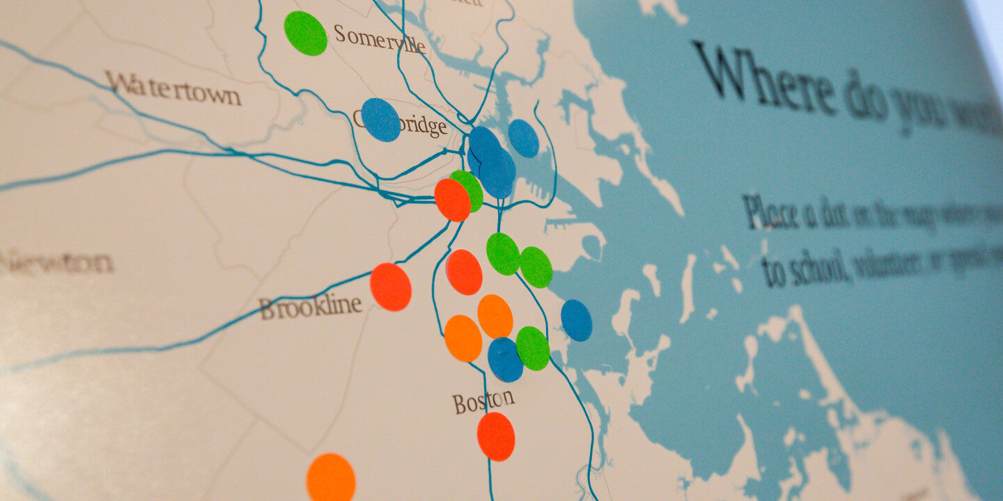 MetroCommon Boston Listening Session Map showing dots around Boston