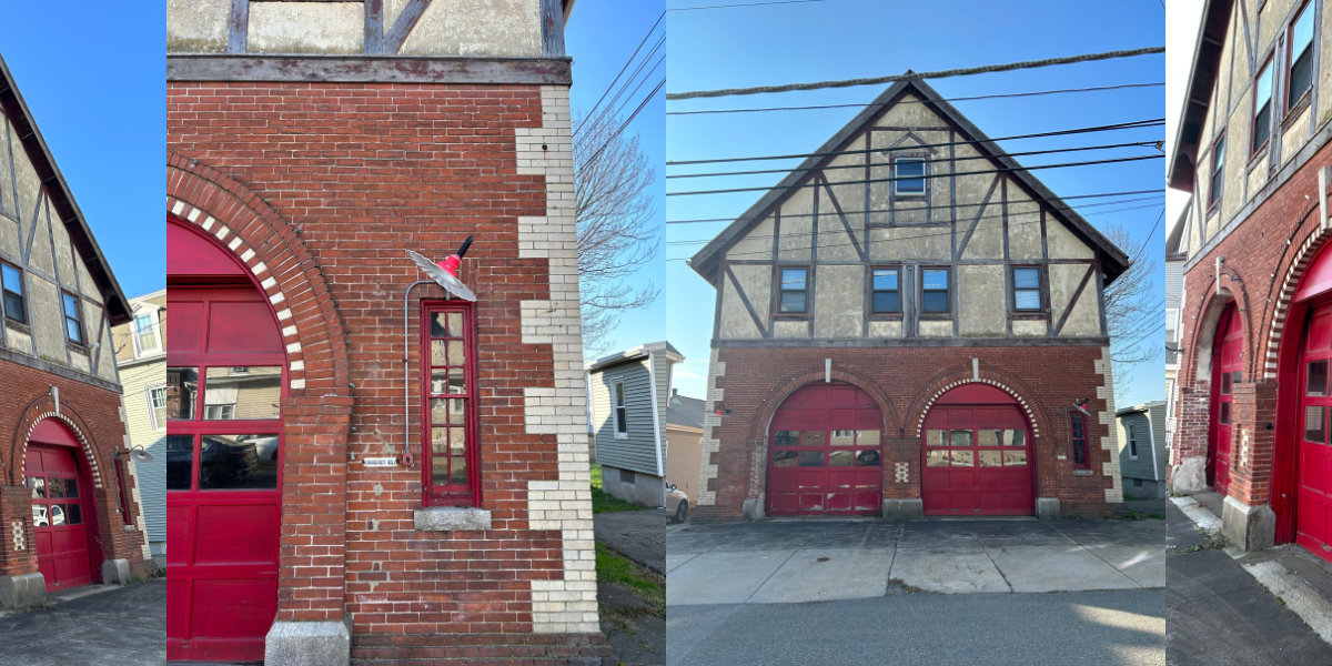 Image is four photos of the Revere fire station from four different angles. The building is a brick fire house and has two big bright red garage doors in the front.