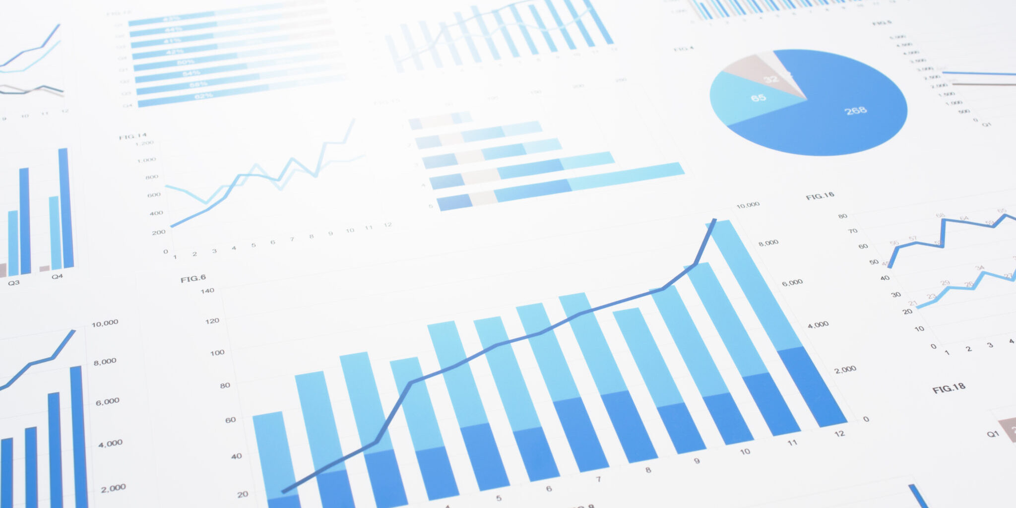 Many charts and graphs. Reflection light and flare. Concept image of data gathering and statistical working.