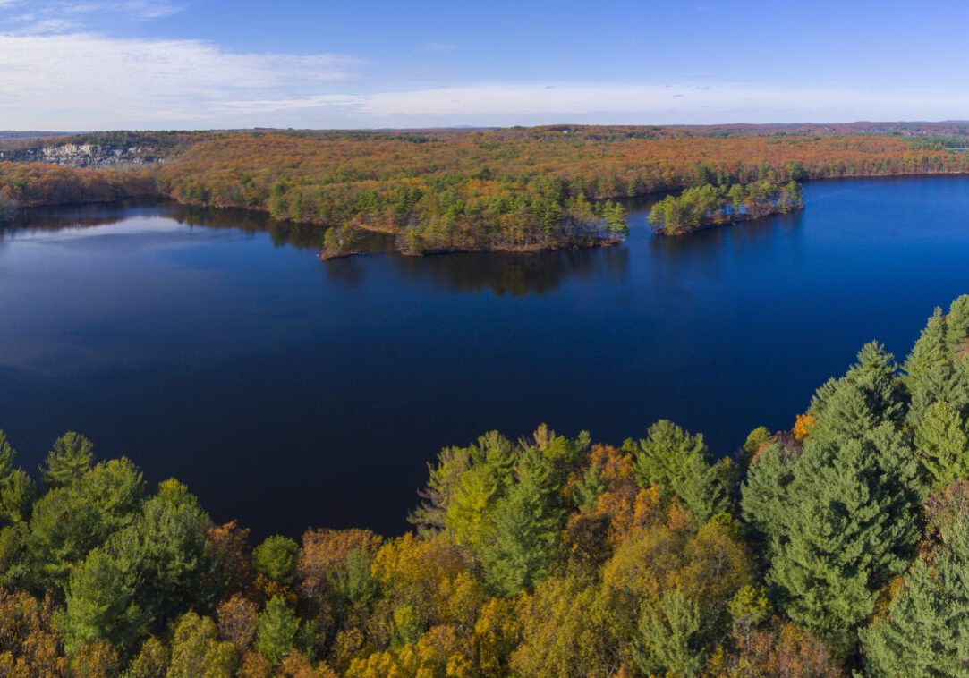 Ashland Reservoir aerial view panorama with fall foliage in Ashland State Park in town of Ashland, Massachusetts MA, USA.