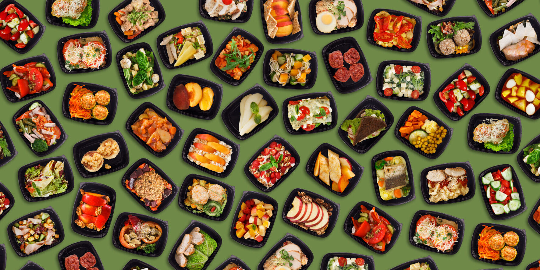 Healthy trays of food in a collage on a green background.