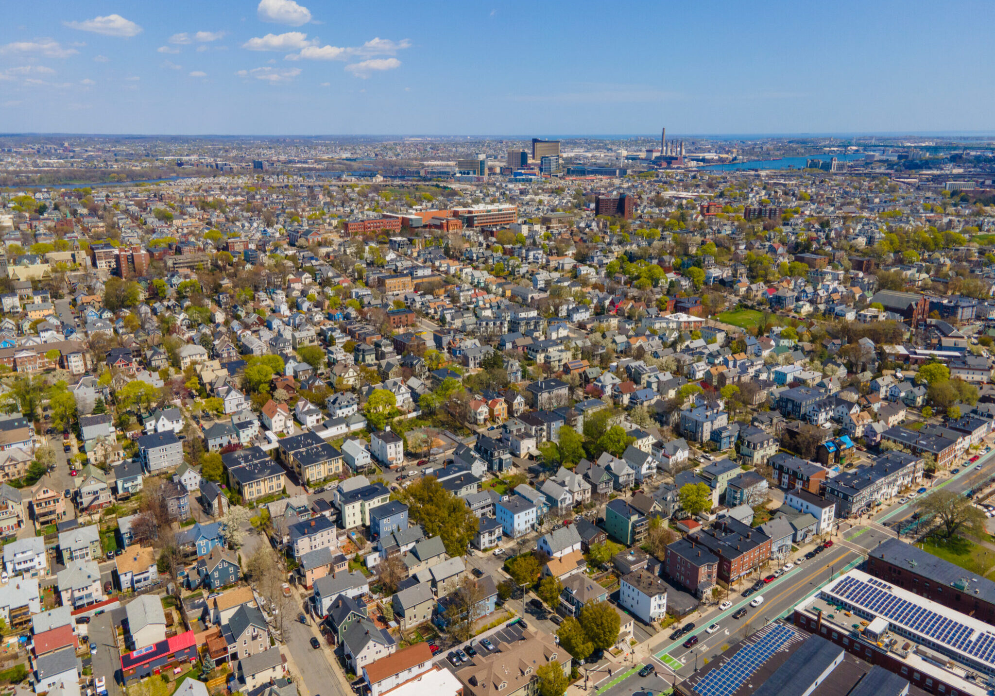 Aerial view of the city center of Somerville, Massachusetts.