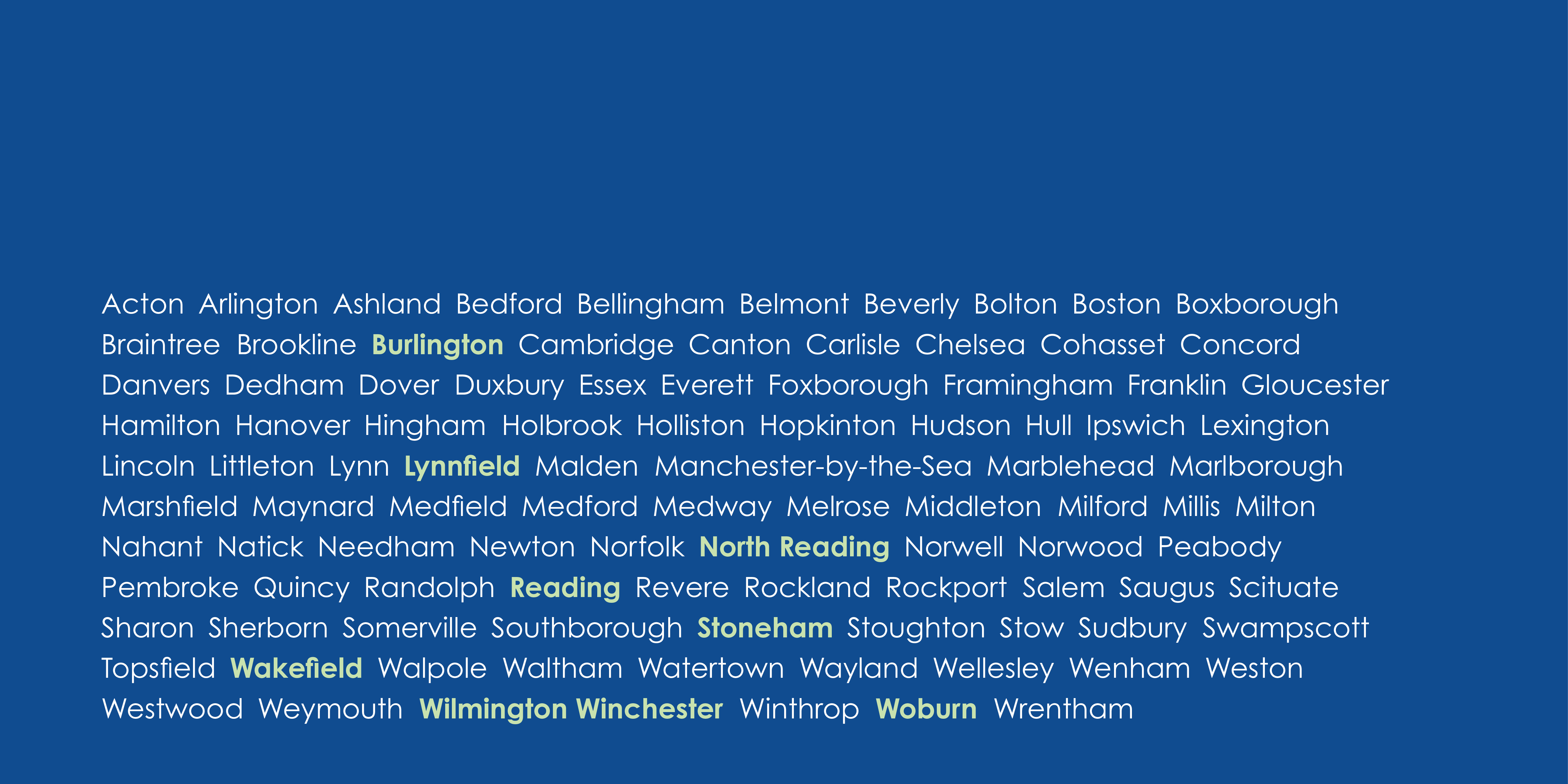 NSPC Webpage Header Names of the cities in towns in Greater Boston written in white over a blue background. The cities and towns in the North Suburban Planning Council subregion are written in green.