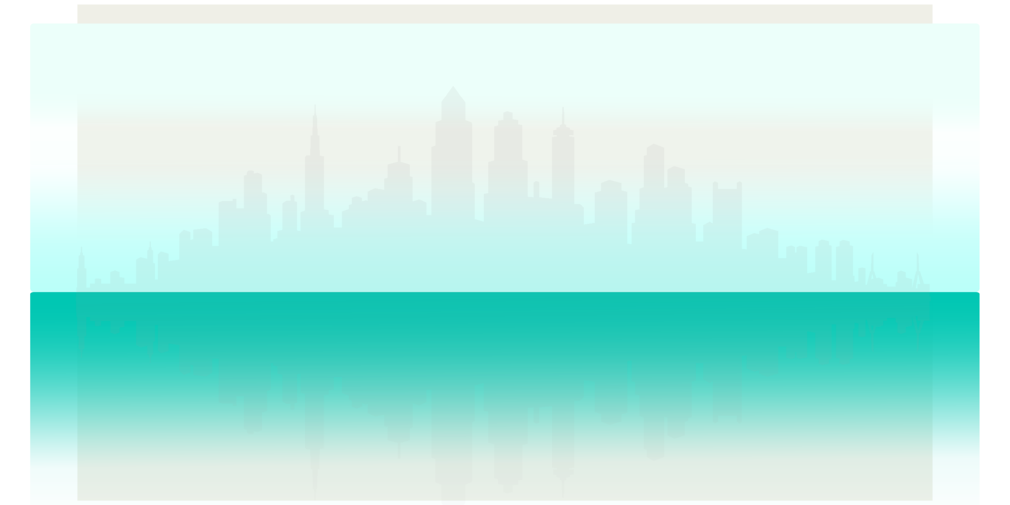 Stormwater Zoom Header Decorative illustration. Image is horizontal with phased out grey city buildings, with sea green and teal underneath the buildings.