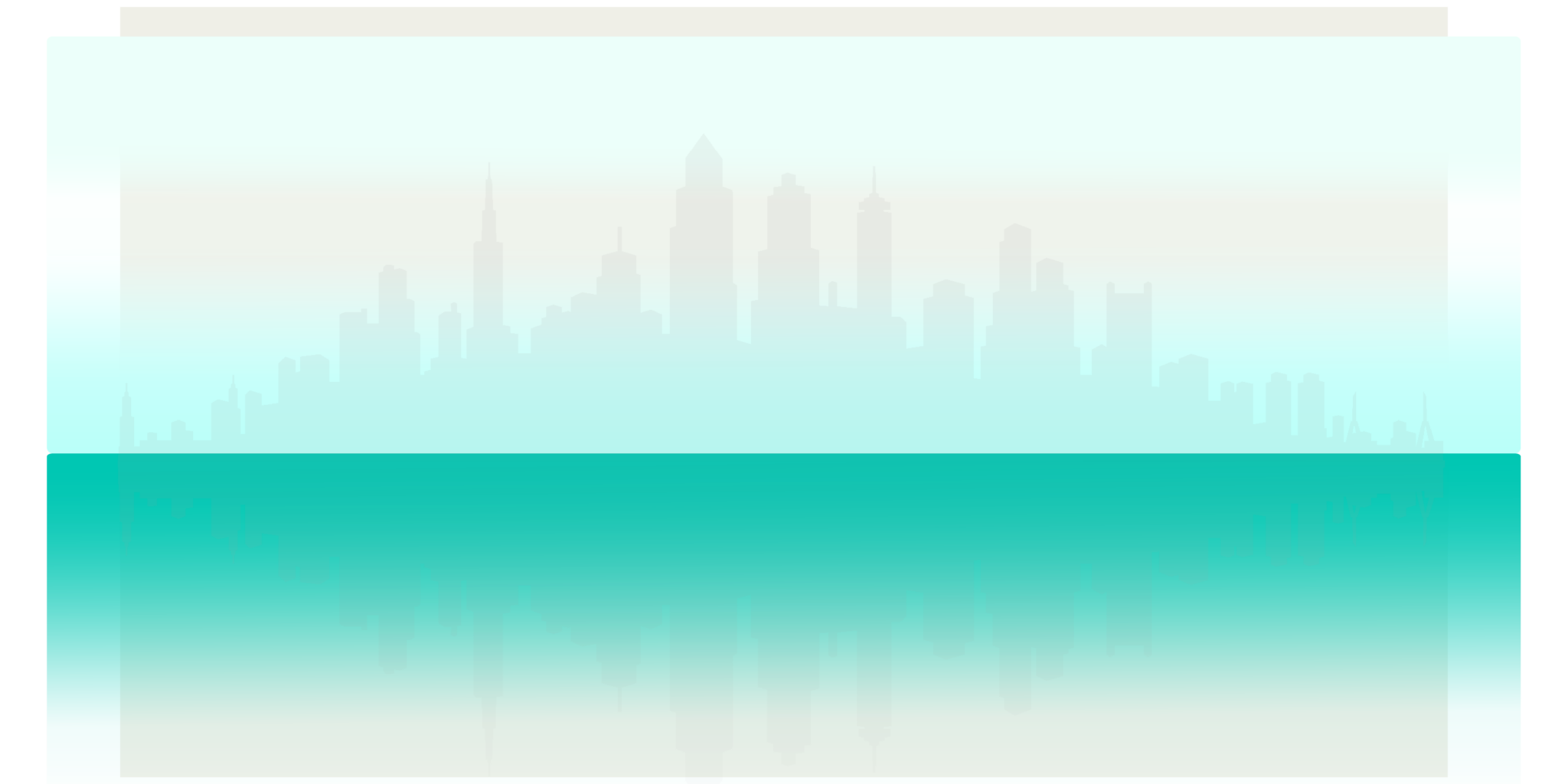 Decorative illustration. Image is horizontal with phased out grey city buildings, with sea green and teal underneath the buildings.