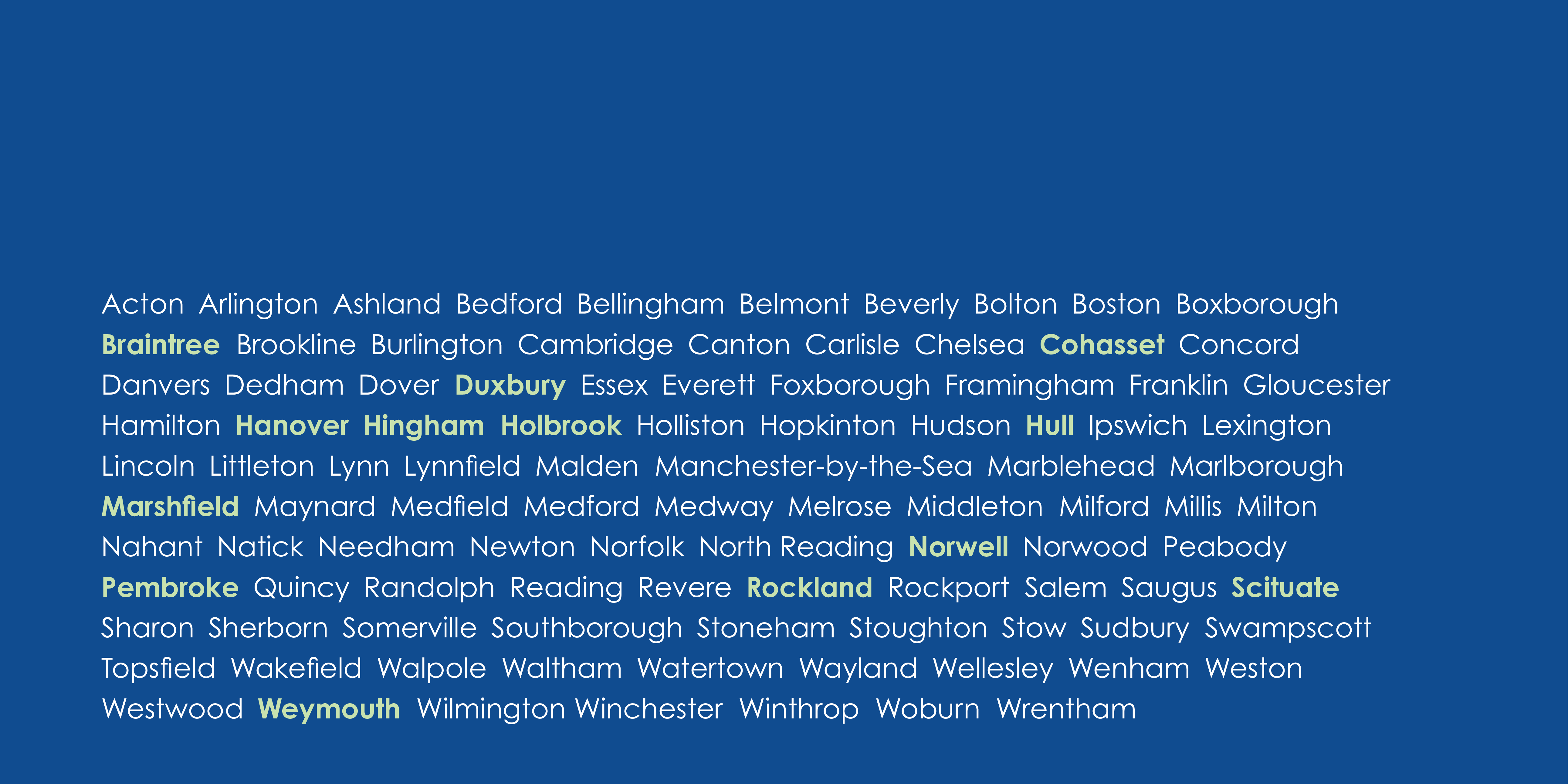SSC Subregion Website Head Graphic6 Names of the cities in towns in Greater Boston written in white over a blue background. The cities and towns in the South Shore Coalition subregion are written in green.